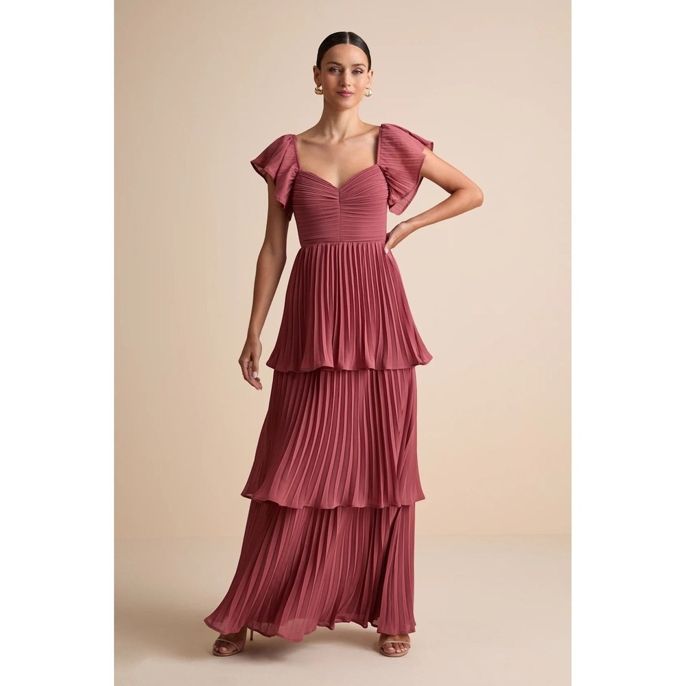 Lulus NWOT Notorious Charm Rusty Rose Pleated Flutter Sleeve Maxi Dress - Large